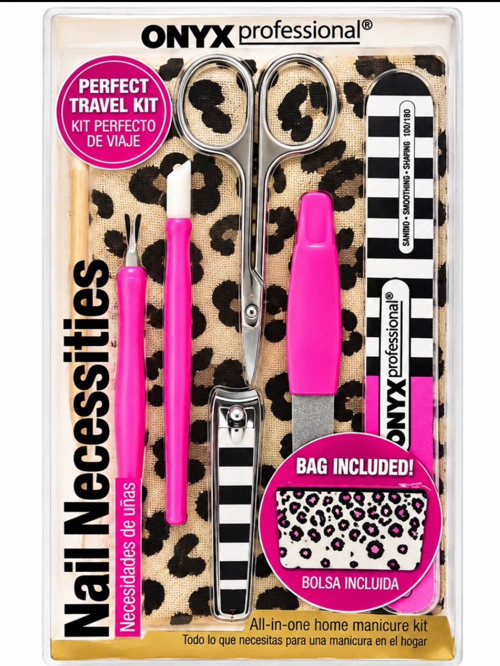 ONYX PROFESSIONAL Nail Necessities All-In-One Home Manicure Kit & Bag Pink NEW